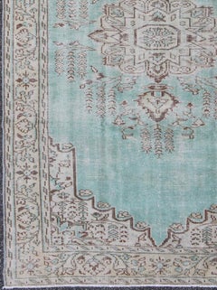 Vintage Oushak Rug with Aqua Color Background and Brown Highlights
