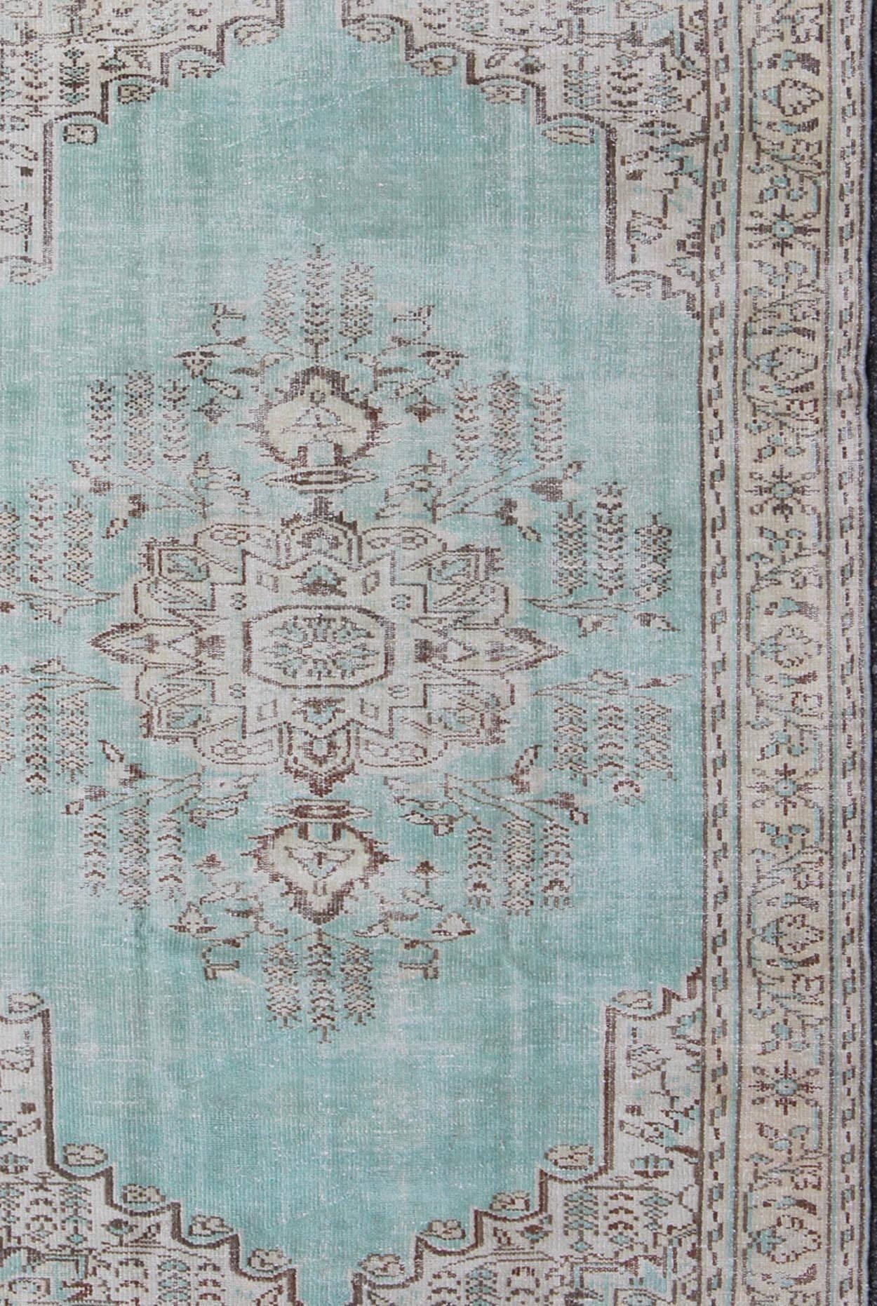Turkish Vintage Oushak Rug with Aqua Color Background and Brown Highlights For Sale