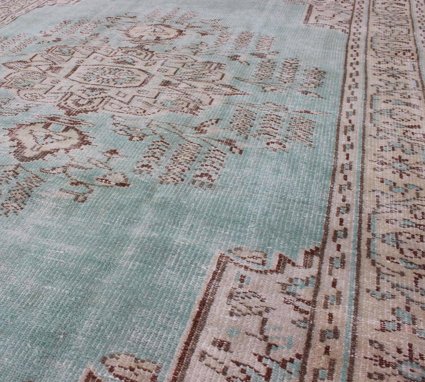 Vintage Oushak Rug with Aqua Color Background and Brown Highlights In Good Condition For Sale In Atlanta, GA