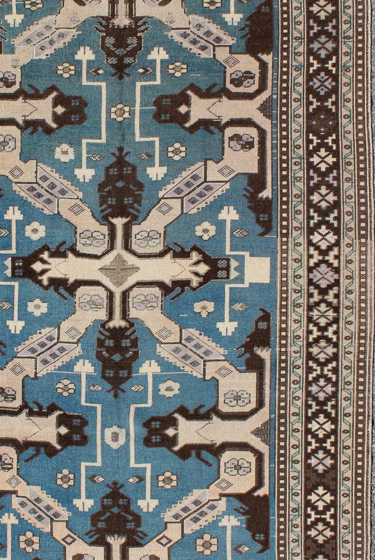 Hand-Knotted Vintage Turkish Rug with Unique Steel Blue, Medium Blue and Brown Colors For Sale