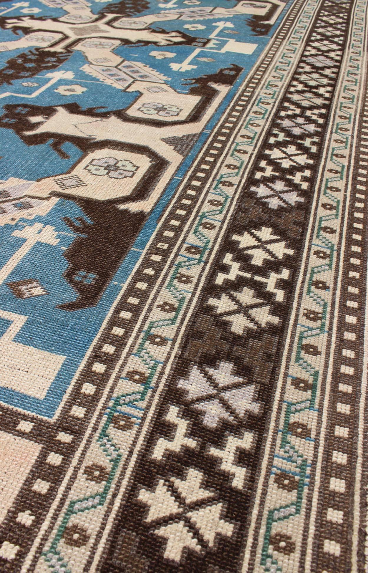 Vintage Turkish Rug with Unique Steel Blue, Medium Blue and Brown Colors In Excellent Condition For Sale In Atlanta, GA