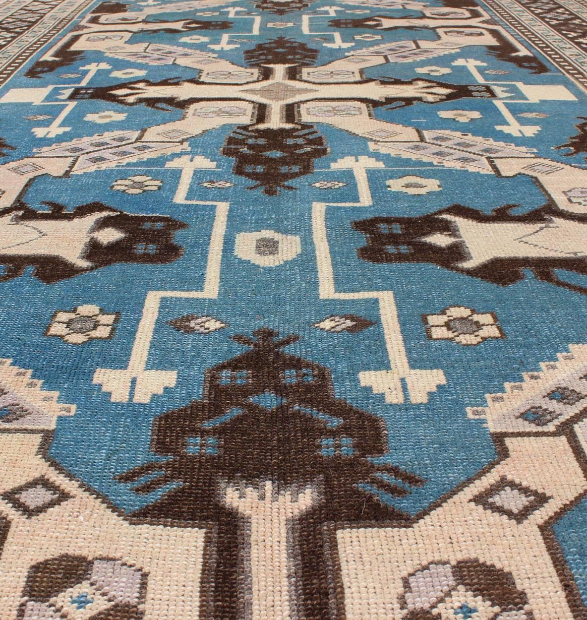 20th Century Vintage Turkish Rug with Unique Steel Blue, Medium Blue and Brown Colors For Sale