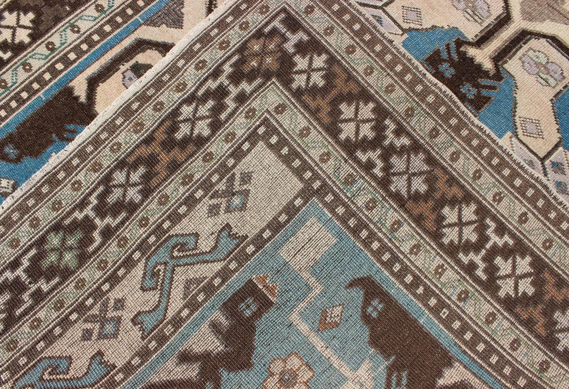 Wool Vintage Turkish Rug with Unique Steel Blue, Medium Blue and Brown Colors For Sale