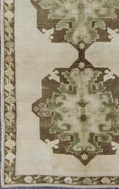 Army Green and Apple Green Turkish Oushak Gallery Runner with Multi Medallions