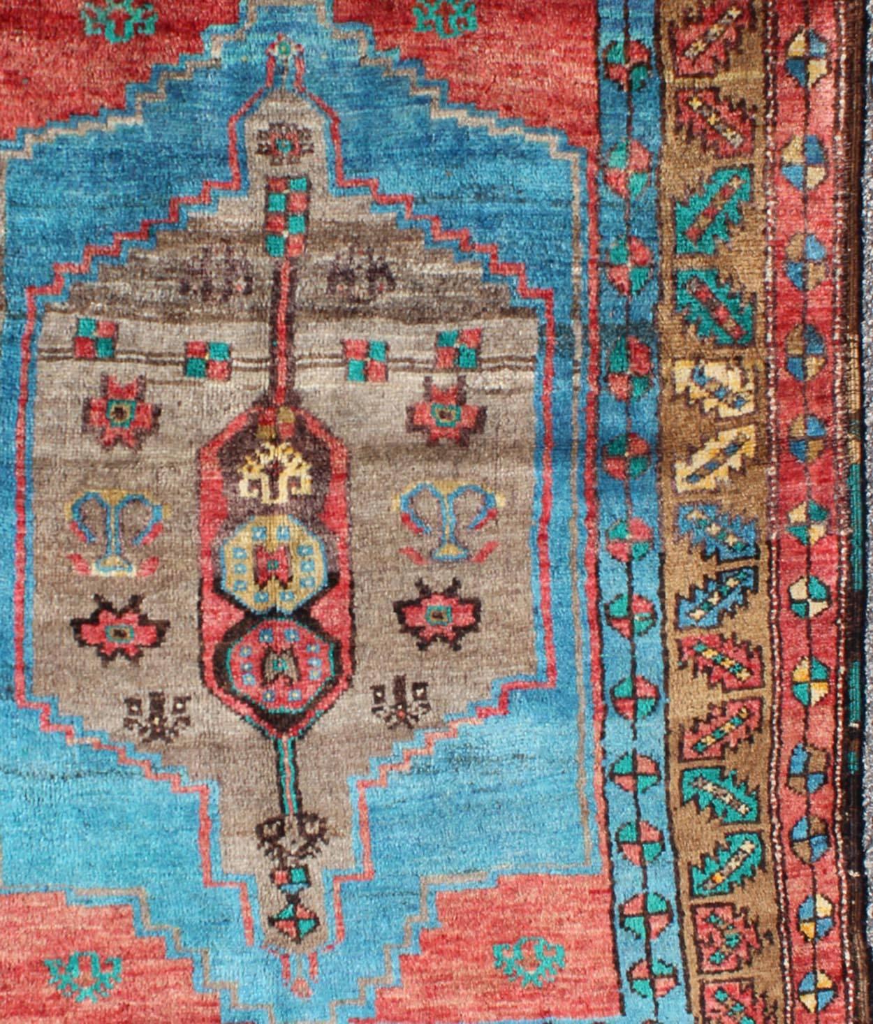 Turkish 1930's Antique Oushak Rug in Bright Colors of Blue, Terracotta, Green & Yellow For Sale