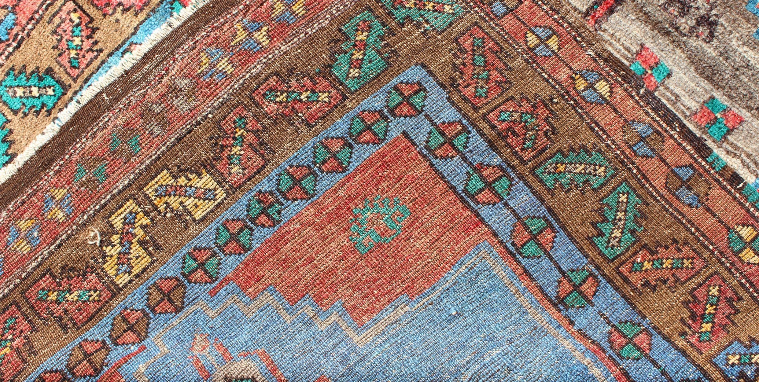 20th Century 1930's Antique Oushak Rug in Bright Colors of Blue, Terracotta, Green & Yellow For Sale