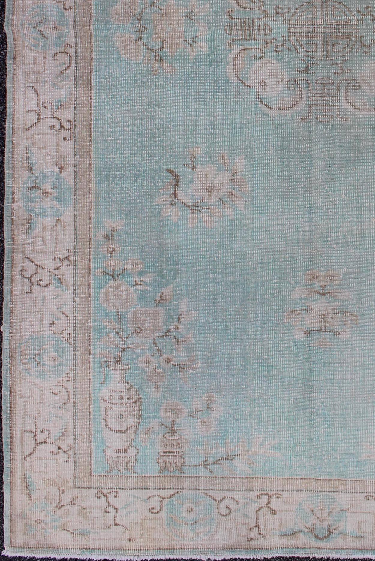 Vintage Turkish Rug with Khotan Design in Sea Foam Blue, Taupe and Light Brown. Rug/EN-140242.

Inspired by Asian motifs and Western Chinese designs of 18th and 19th century, this unique Turkish carpet displays a unique color combination with light