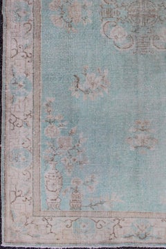 Tapis turc vintage à Khotan Design en bleu écume de mer, taupe et marron clair