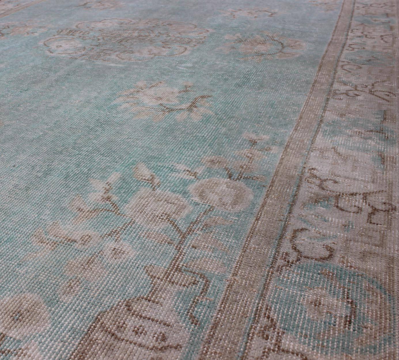 Mid-20th Century Vintage Turkish Rug with Khotan Design in Sea Foam Blue, Taupe and Light Brown For Sale