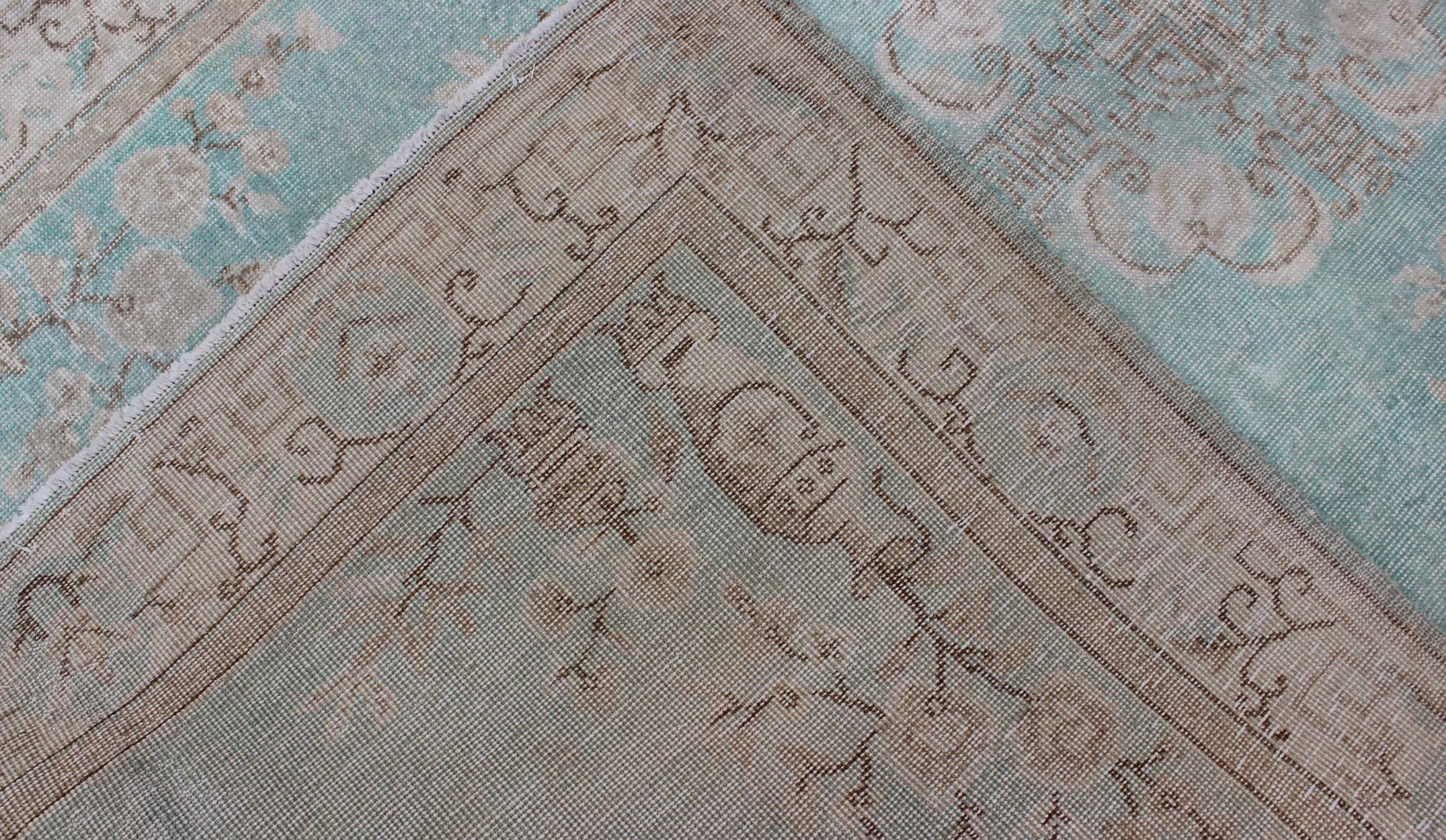 Wool Vintage Turkish Rug with Khotan Design in Sea Foam Blue, Taupe and Light Brown For Sale