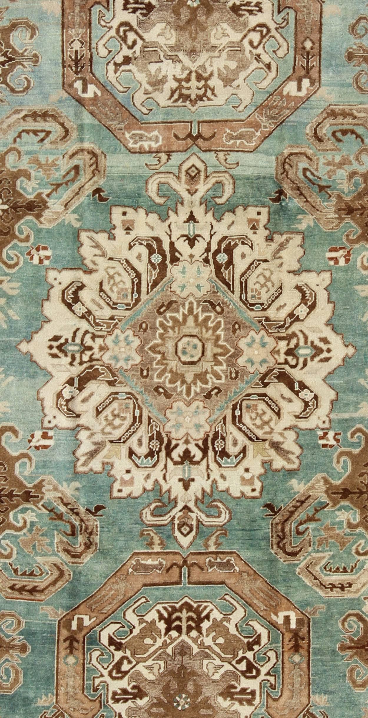 Oushak Unique Vintage Turkish Carpet with Geometric Design Inspired by Caucasian Design For Sale