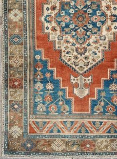 Vintage Turkish Oushak Rug in Blue, Terracotta, Light Brown and Camel 7'6 X 12