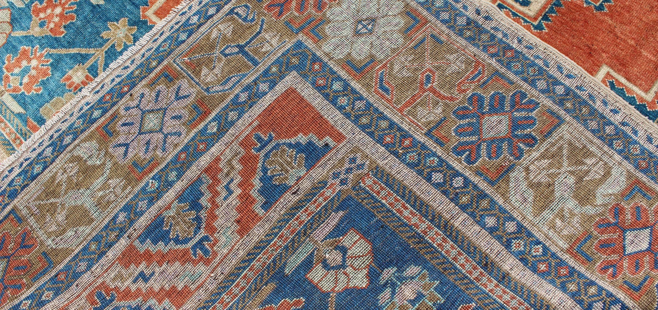 Tapis turc Oushak vintage en bleu, terre cuite, marron clair et camel en vente 1