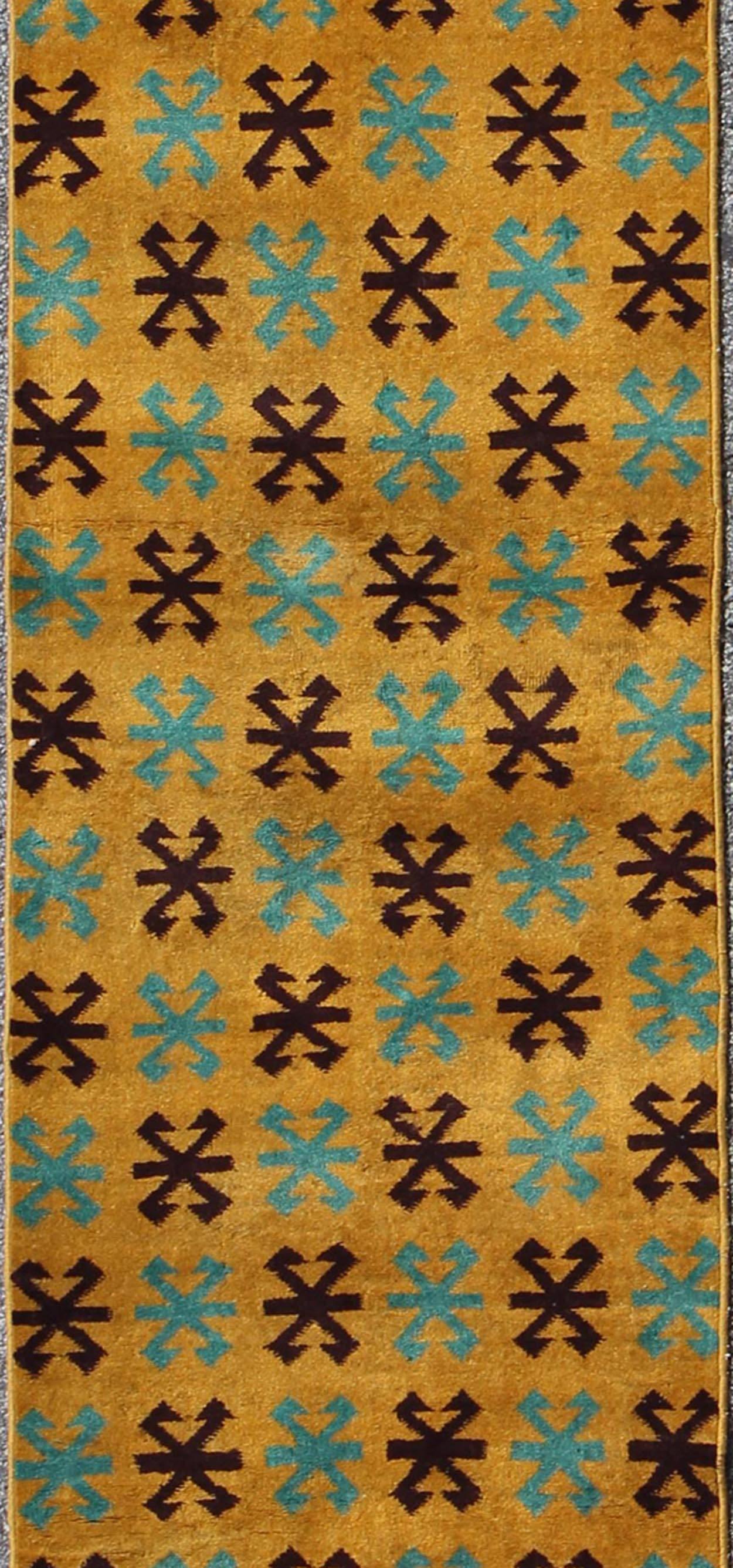 Turkish Long Runner with Mid-Century Modern Design in Yellow, Turquoise and Black For Sale