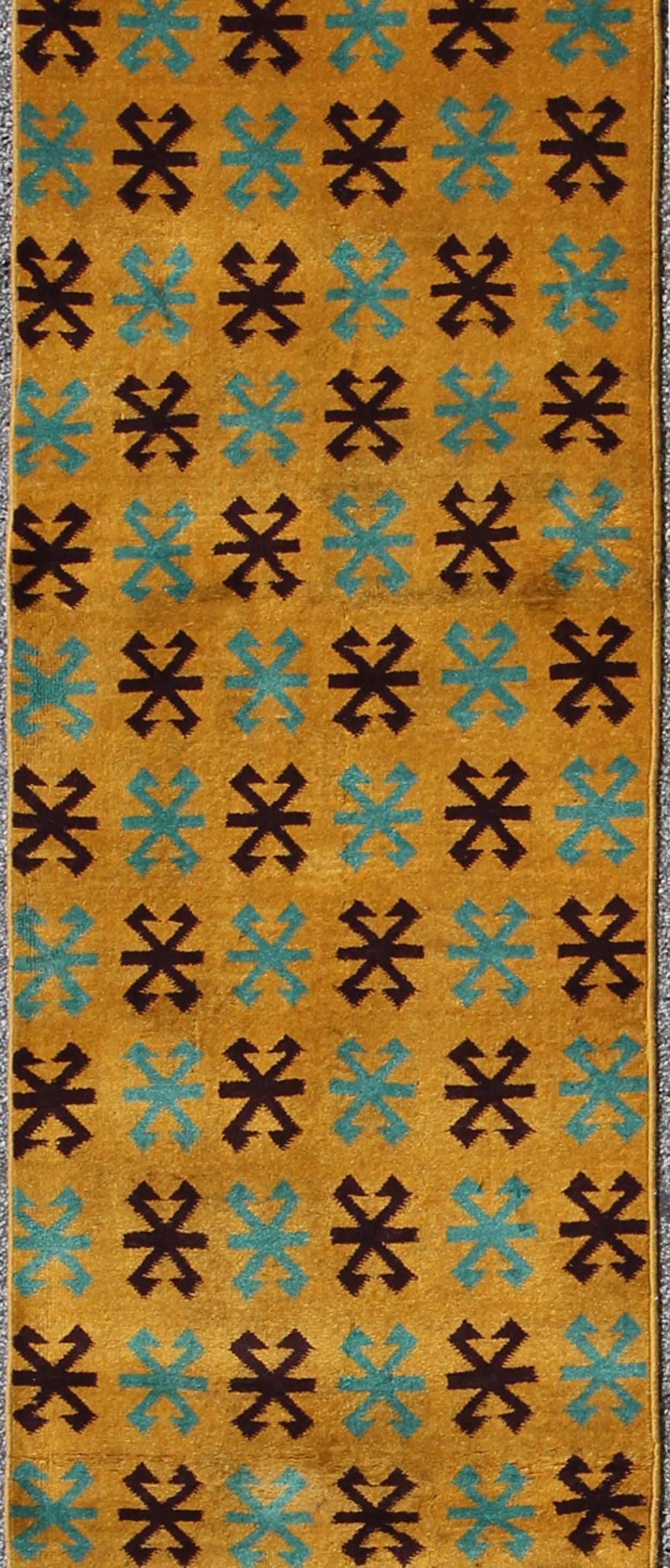 Hand-Knotted Long Runner with Mid-Century Modern Design in Yellow, Turquoise and Black For Sale