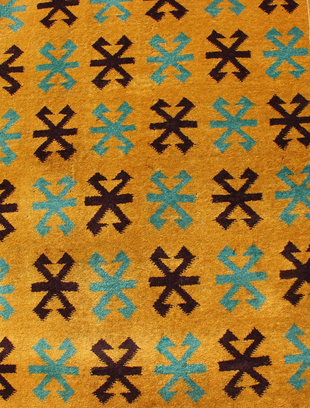 20th Century Long Runner with Mid-Century Modern Design in Yellow, Turquoise and Black For Sale