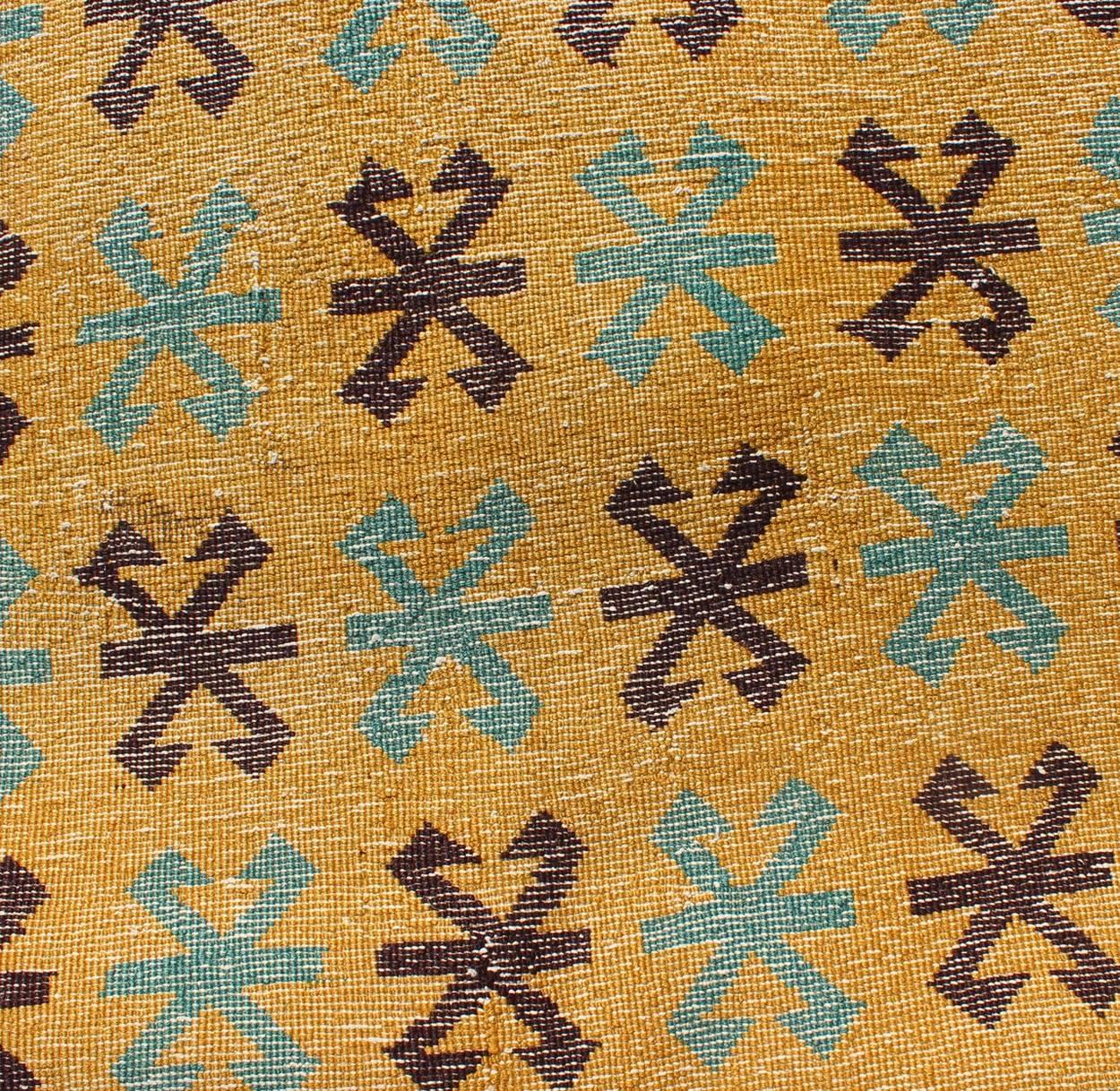 Wool Long Runner with Mid-Century Modern Design in Yellow, Turquoise and Black For Sale