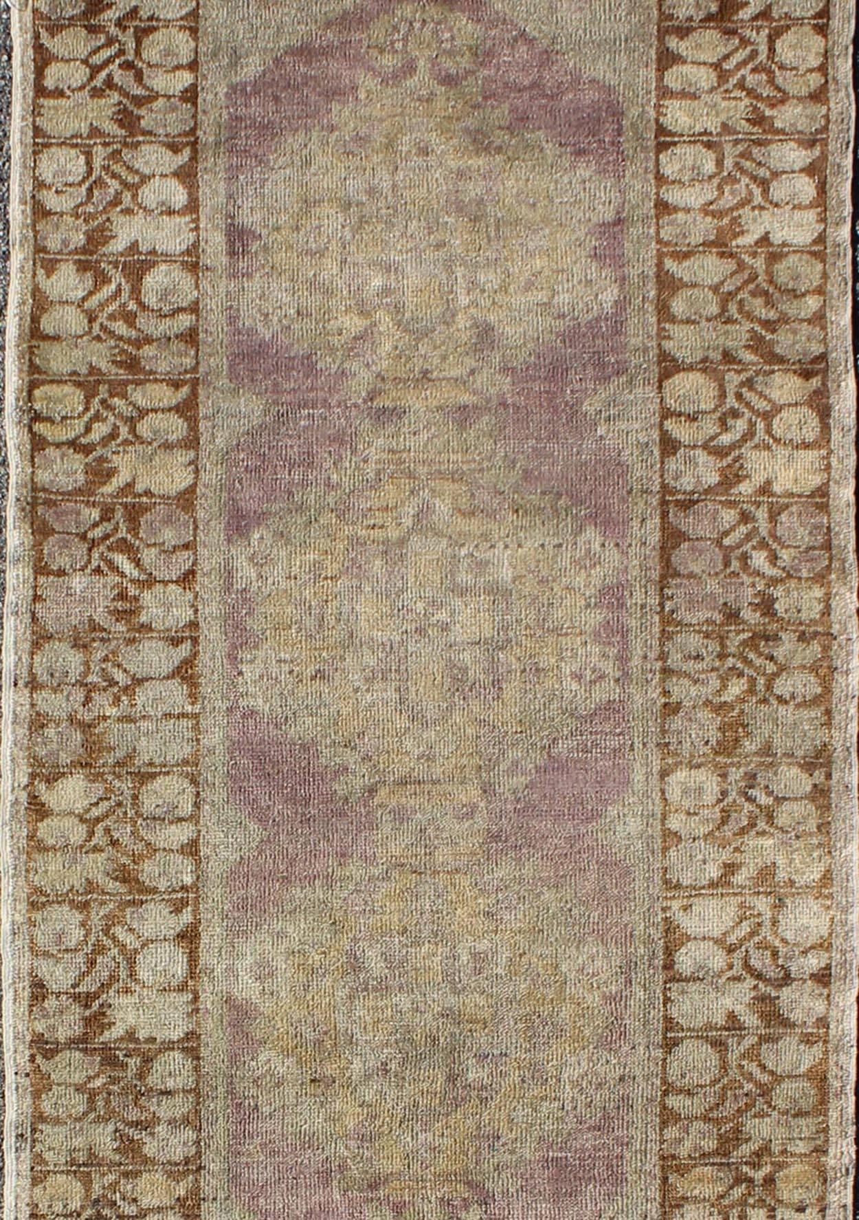 Hand-Knotted Vintage Oushak Runner in Light Purple, Lavender, Cream and Brown For Sale