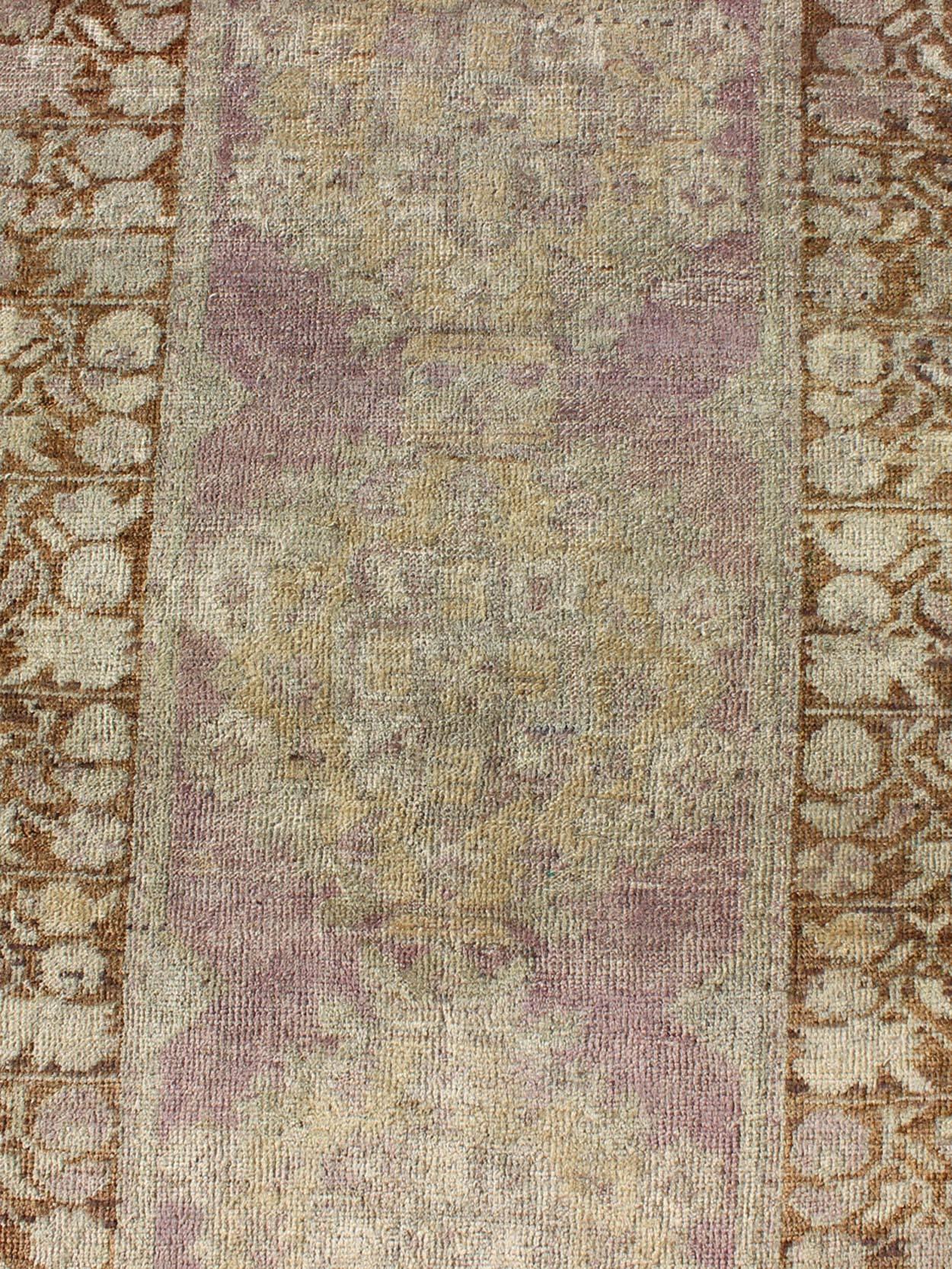 Mid-20th Century Vintage Oushak Runner in Light Purple, Lavender, Cream and Brown For Sale