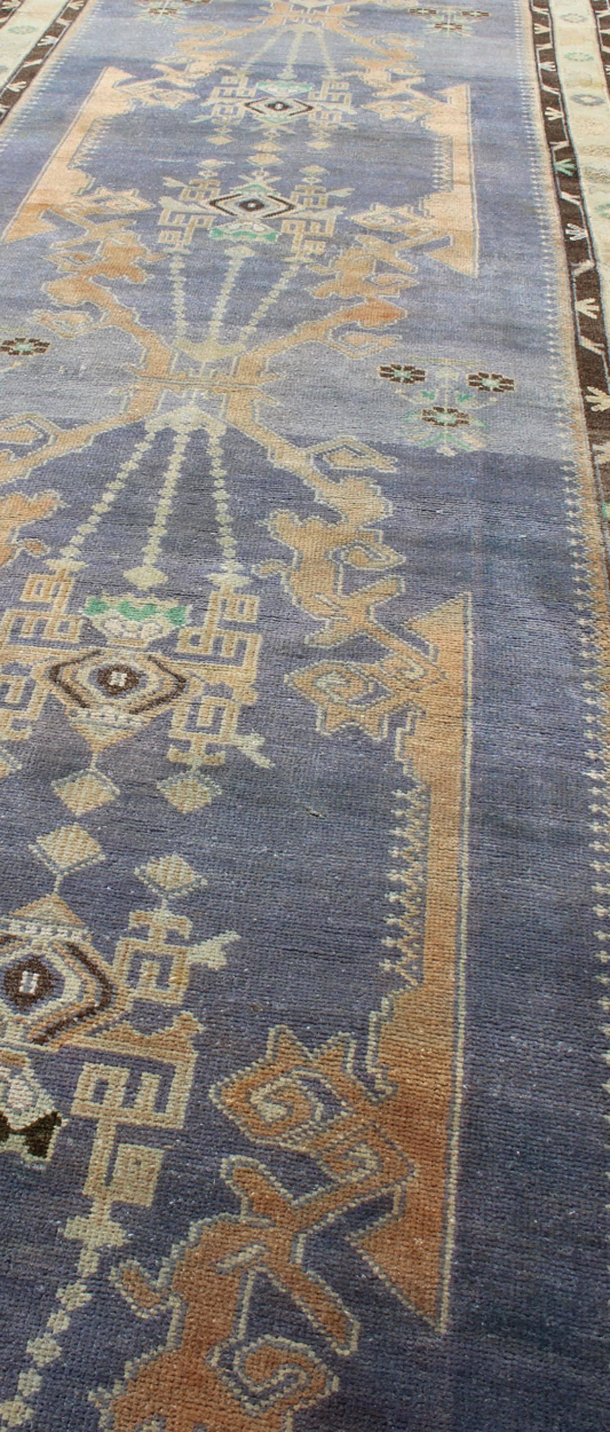 Hand-Knotted Long Vintage Sivas Runner in Elegant Purple and Brown For Sale
