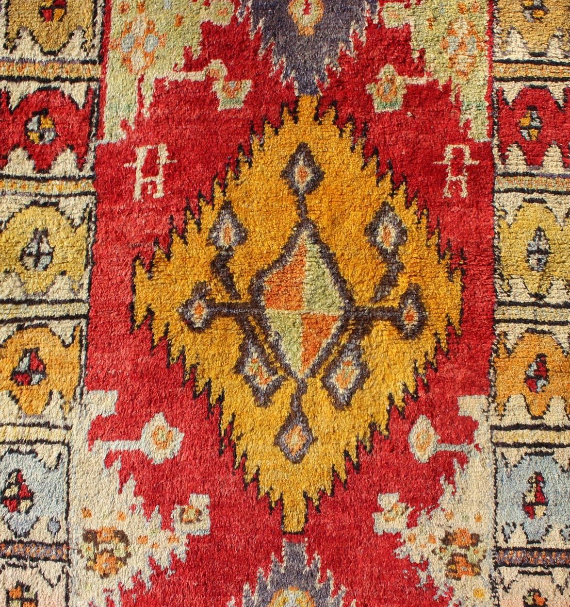 Tribal Turkish Oushak Runner with bright colors in Red, Gold, Yellow and Orange For Sale 2