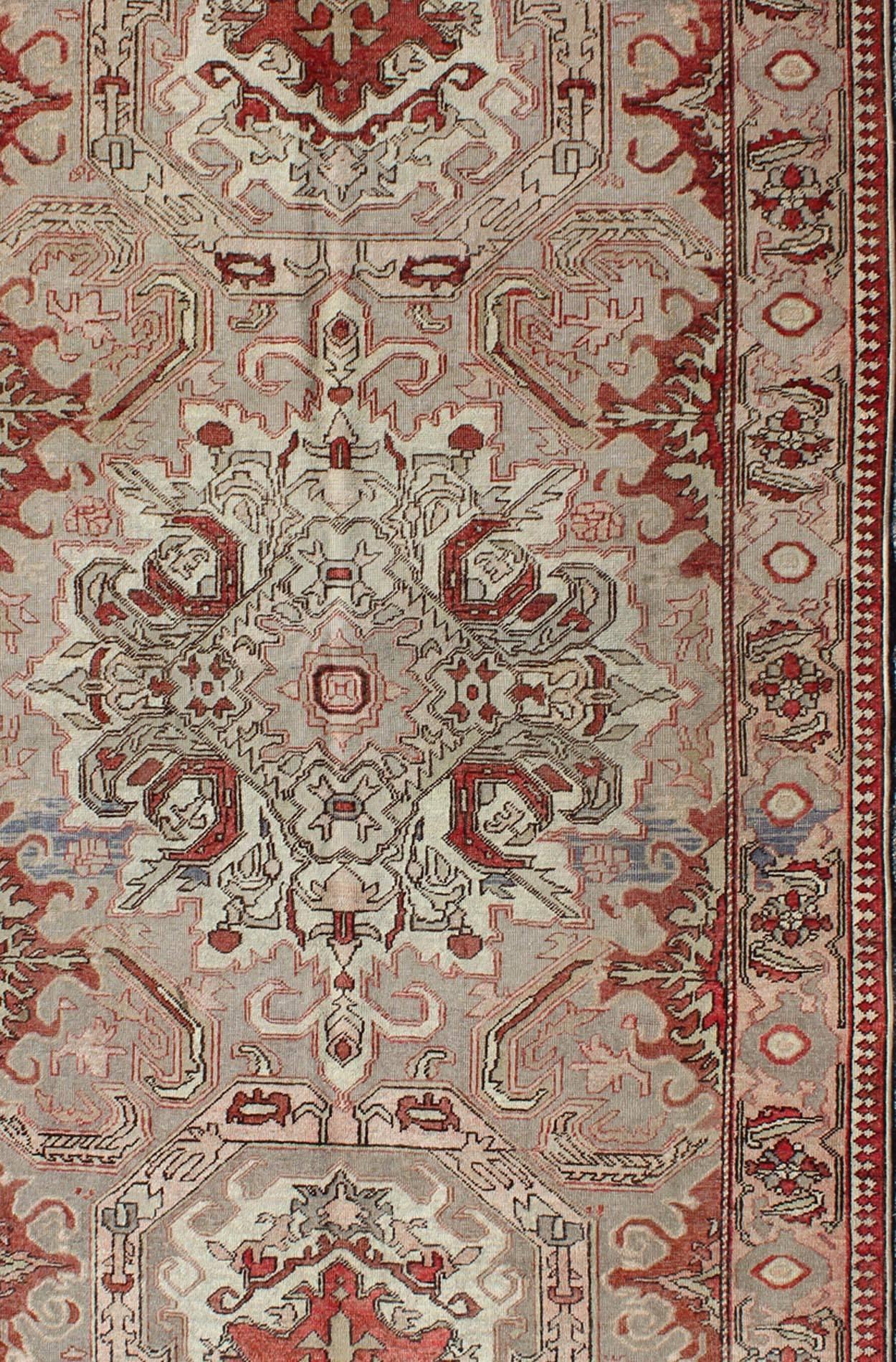 Agra Antique Sevas Turkish Rug in Gray, Taupe, Blush, Rosewood Red and Charcoal For Sale