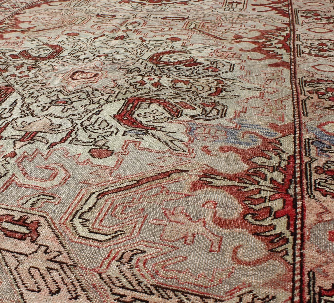 Hand-Knotted Antique Sevas Turkish Rug in Gray, Taupe, Blush, Rosewood Red and Charcoal For Sale