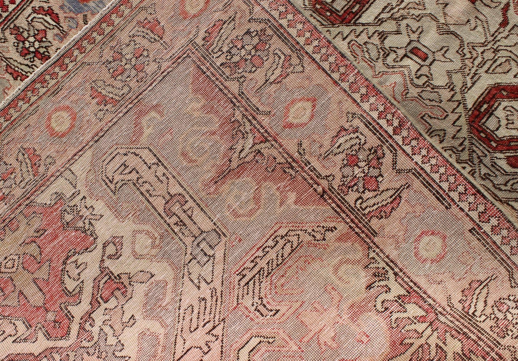 Antique Sevas Turkish Rug in Gray, Taupe, Blush, Rosewood Red and Charcoal In Excellent Condition For Sale In Atlanta, GA
