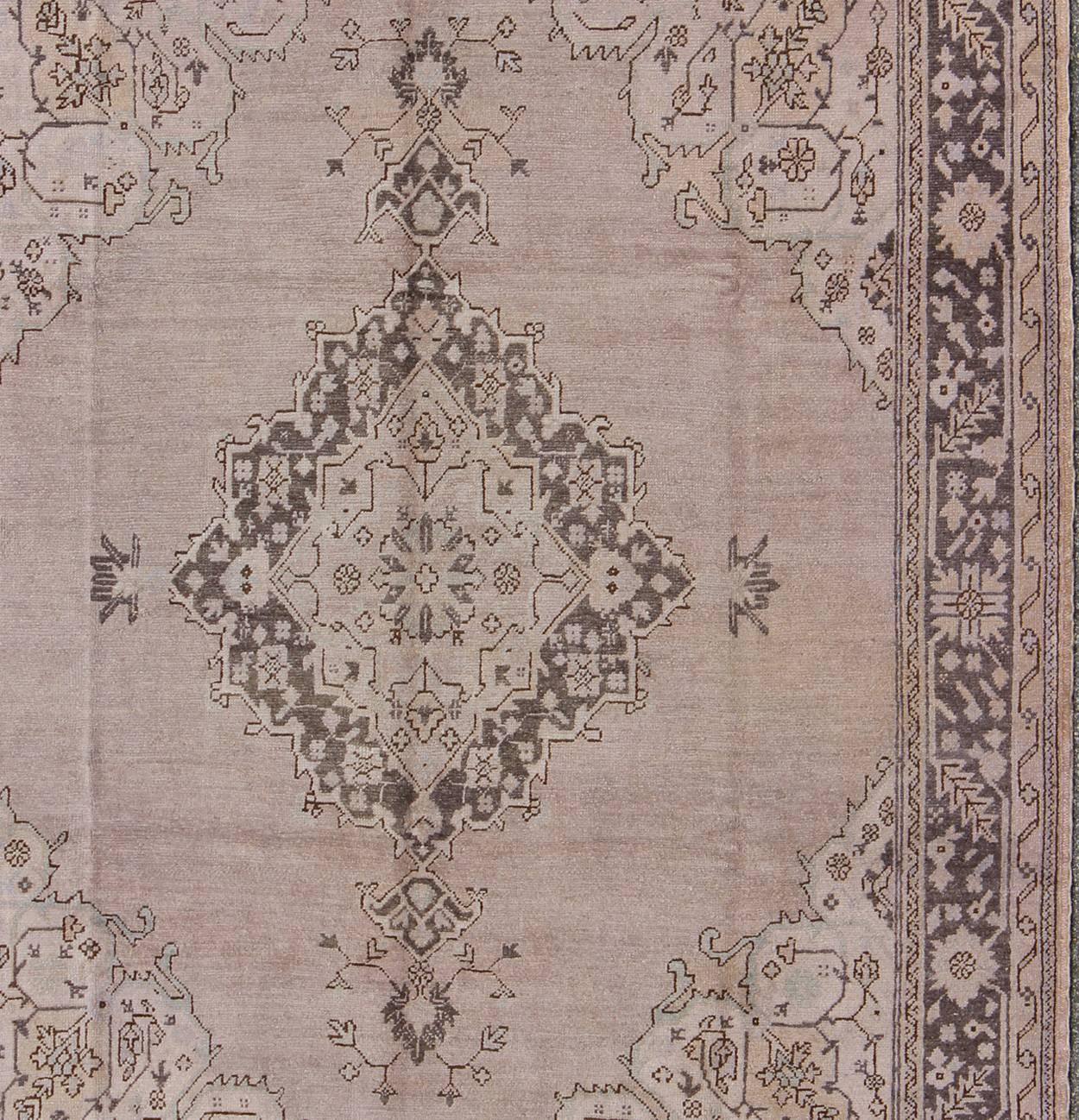 Hand-Knotted Antique Oushak With Medallion design in Lavender, Charcoal Brown, pale blue  For Sale