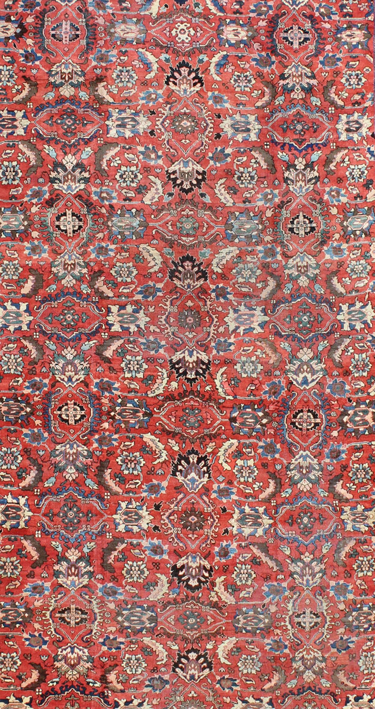 Hand-Knotted Very Large Persian Sultanabad Mahal Rug in Red, Brown, Green, Cream & Blue  For Sale