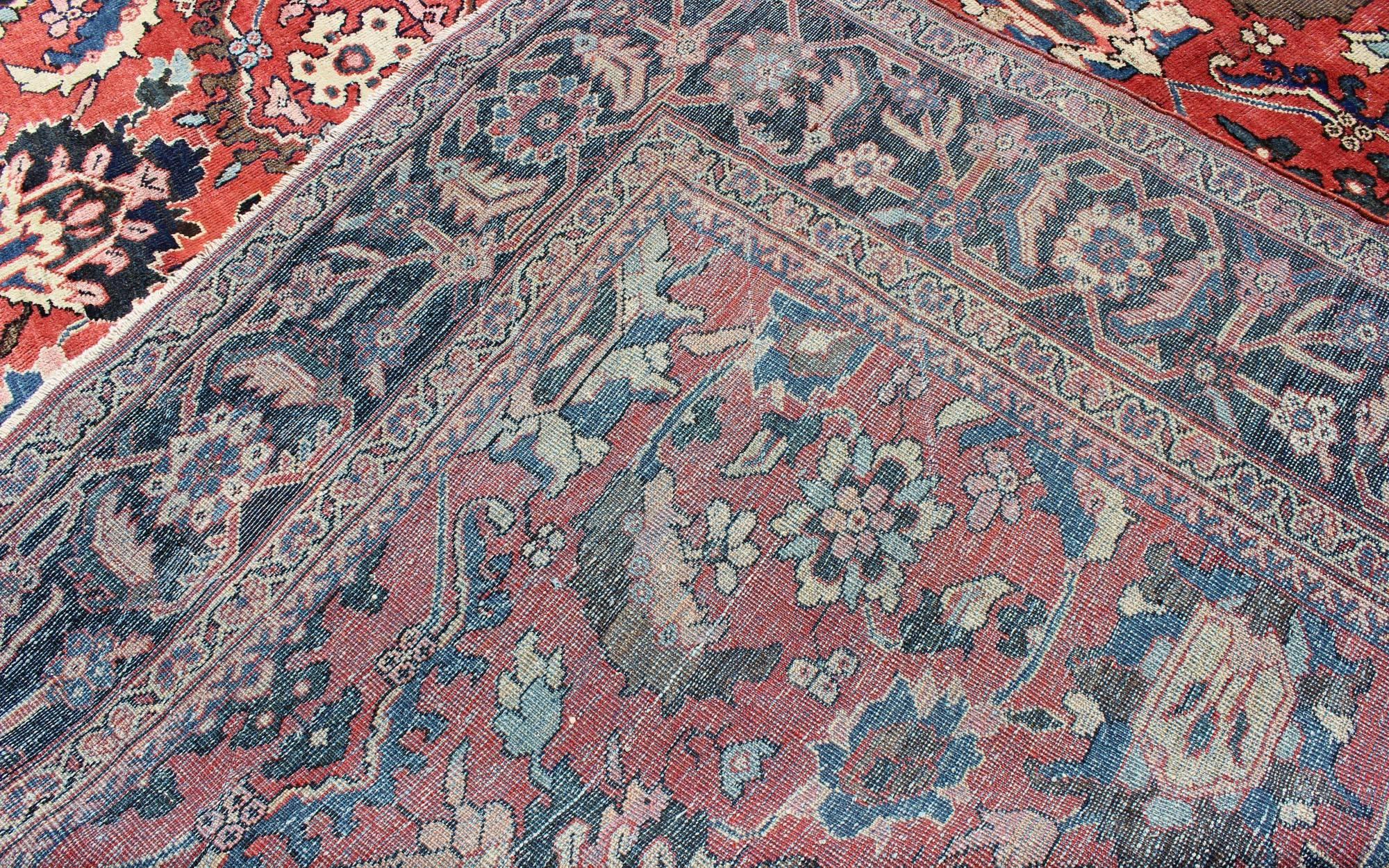 Very Large Persian Sultanabad Mahal Rug in Red, Brown, Green, Cream & Blue  For Sale 1