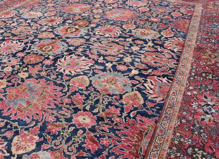 Antique Fine Persian Malayer Rug with Large Flowers Design in Navy Blue and Rose For Sale at 1stdibs