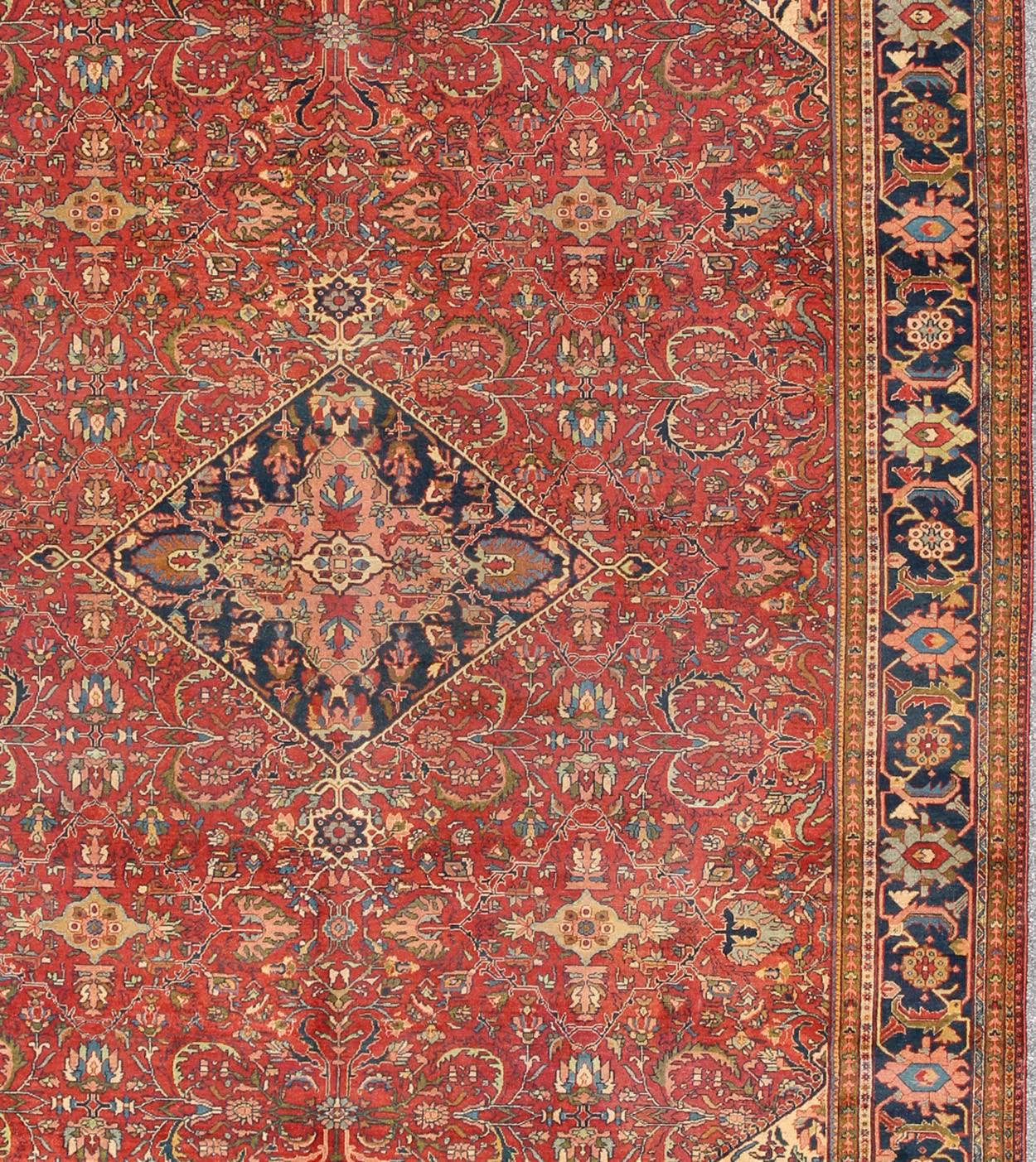 Hand-Knotted Antique Persian Fine Weave Sultanabad Rug in Tomato Red Background For Sale