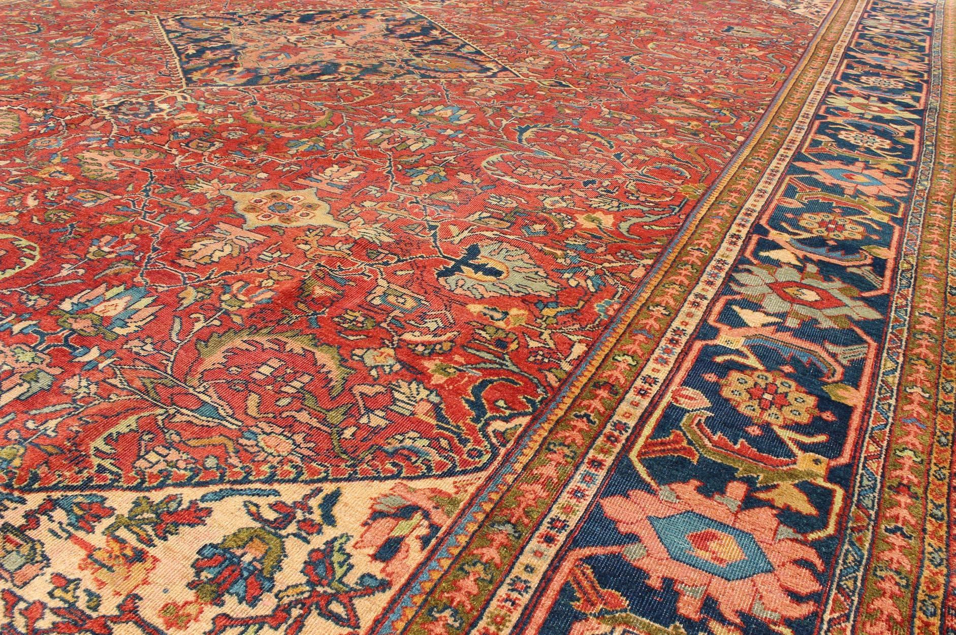 Antique Persian Fine Weave Sultanabad Rug in Tomato Red Background In Good Condition For Sale In Atlanta, GA