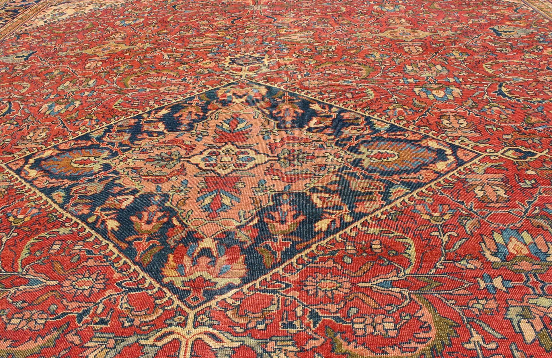 20th Century Antique Persian Fine Weave Sultanabad Rug in Tomato Red Background For Sale