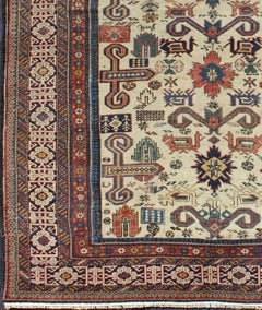 Antique Caucasian Prepedil Rug in Ivory Background From Late 19th Century