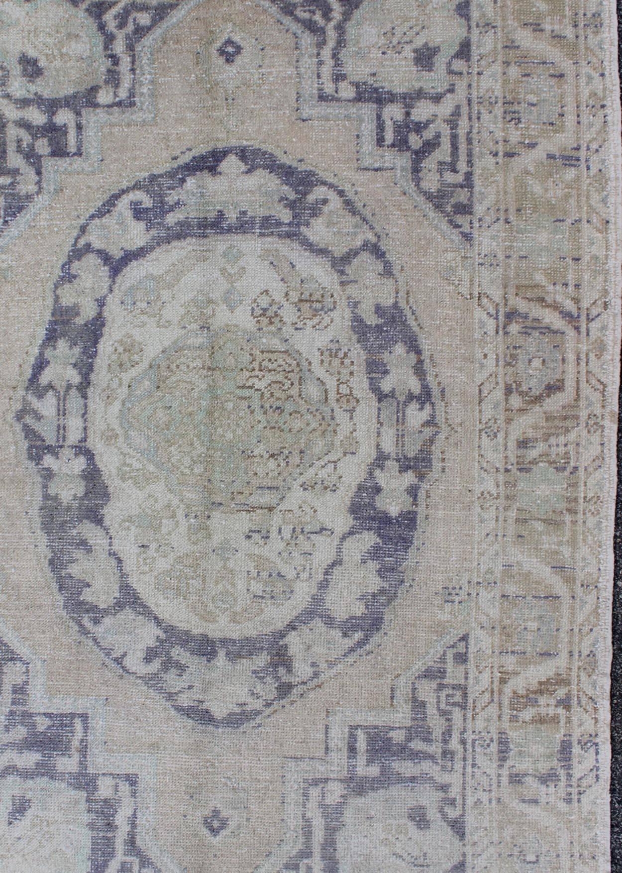 Vintage Medallion Oushak inspired by Ottoman Design in Taupe, Gray & Purple  In Good Condition For Sale In Atlanta, GA