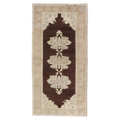 Brown Background Vintage Turkish Oushak Runner with Medallions in Cream & Ivory
