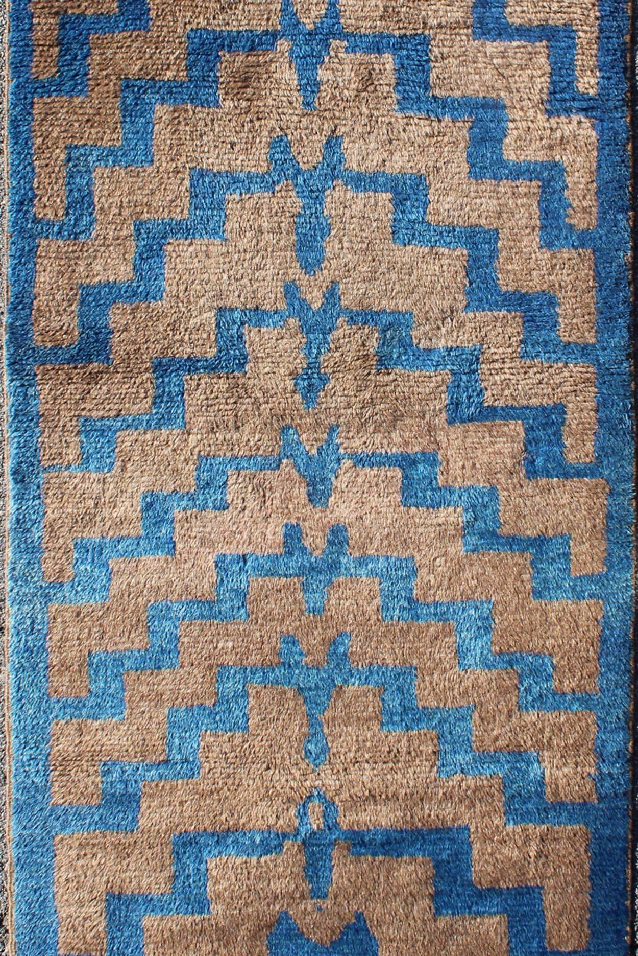 Hand-Knotted Vintage Turkish Tulu Rug in Brown and Blue with Modern Tribal Pattern