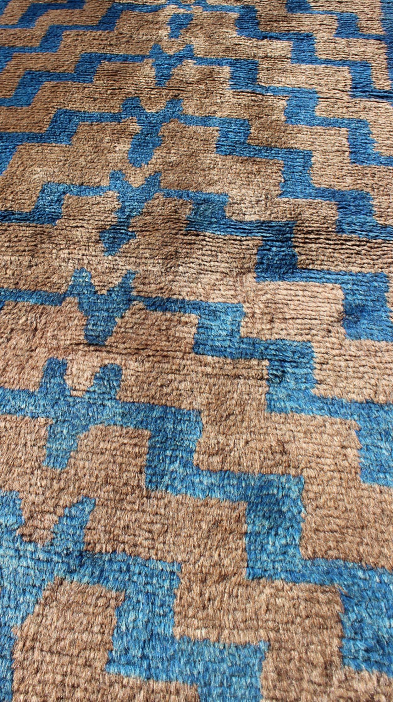 Mid-20th Century Vintage Turkish Tulu Rug in Brown and Blue with Modern Tribal Pattern