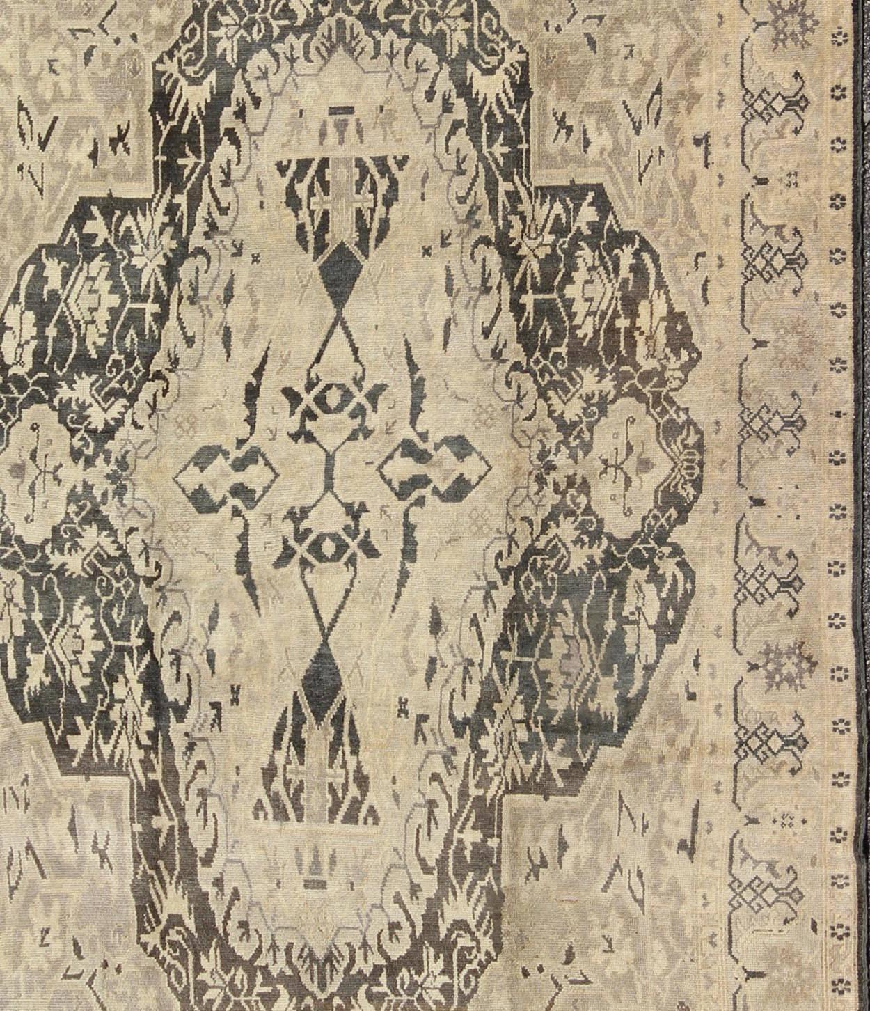 Hand-Knotted Turkish Antique Sevas Rug with Fine Weave in Gray Green and Taupe For Sale