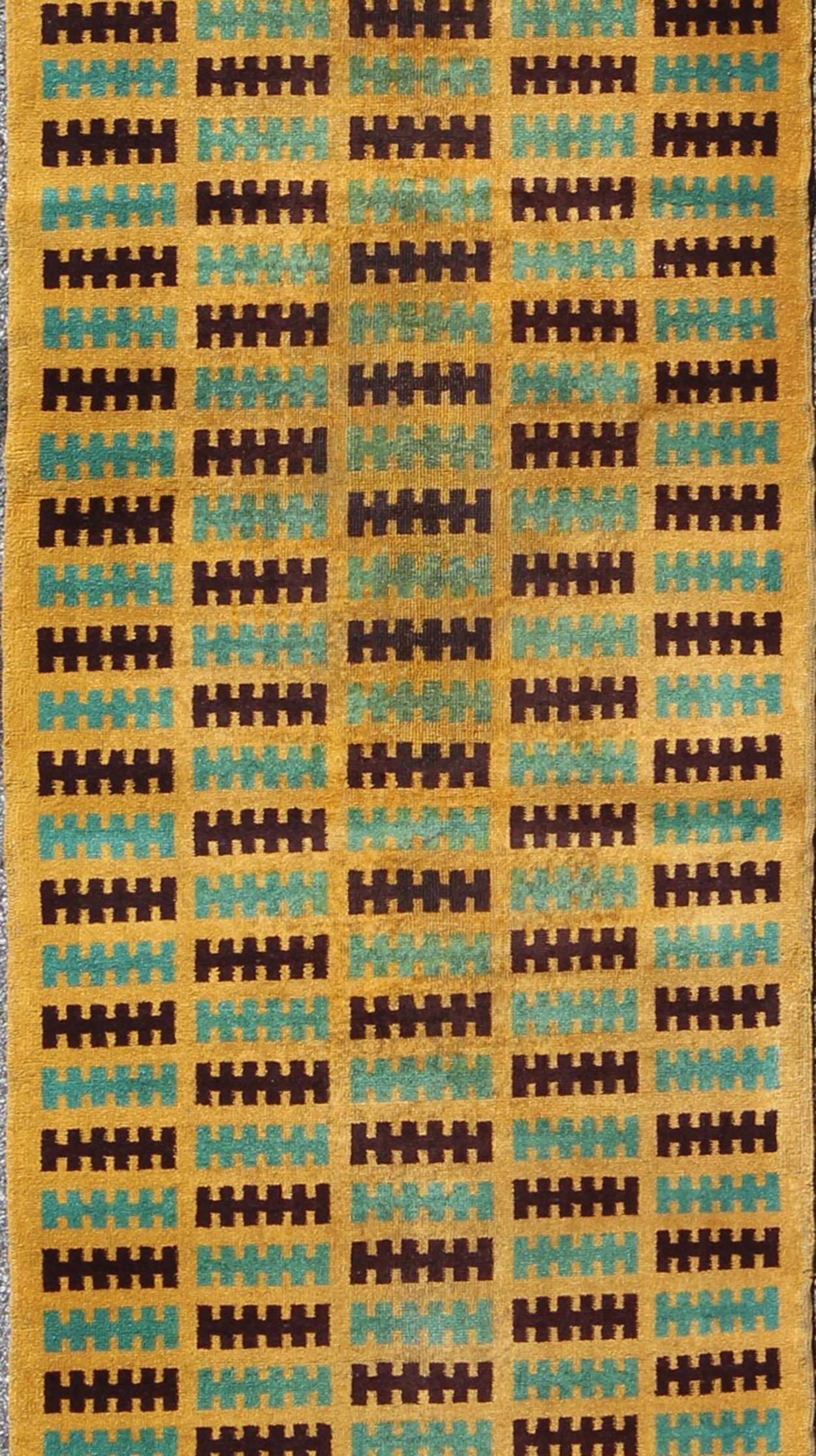 Mid-Century Modern Turkish Zeki Müren Runner in Gold, Black and Teal Blue In Excellent Condition In Atlanta, GA