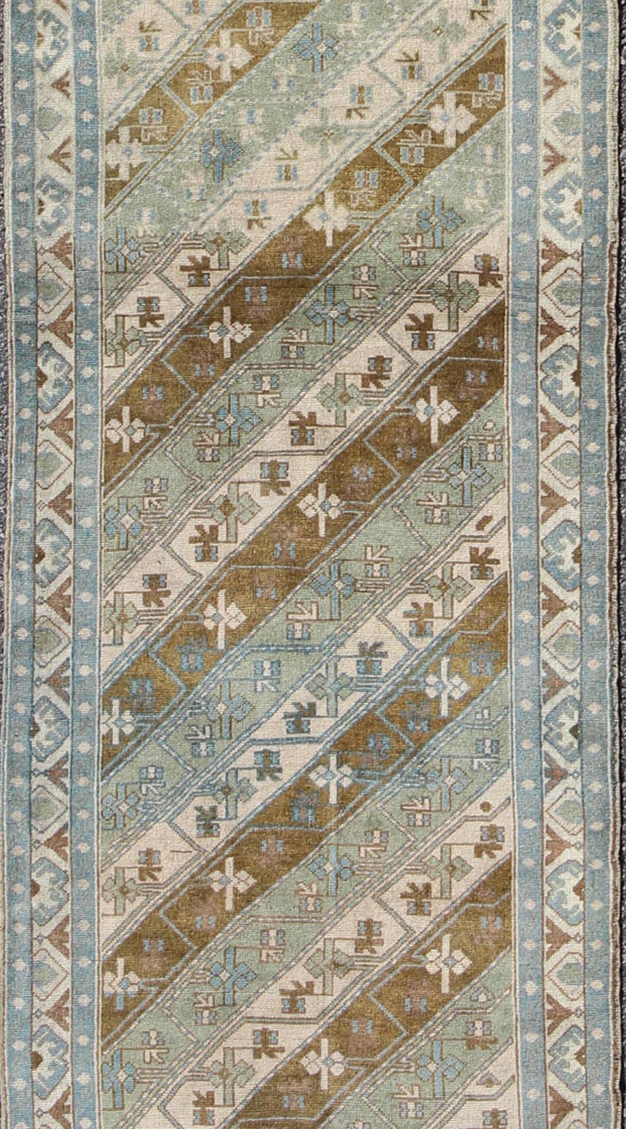 Hand-Knotted Long Turkish Oushak Runner with Blue and Green