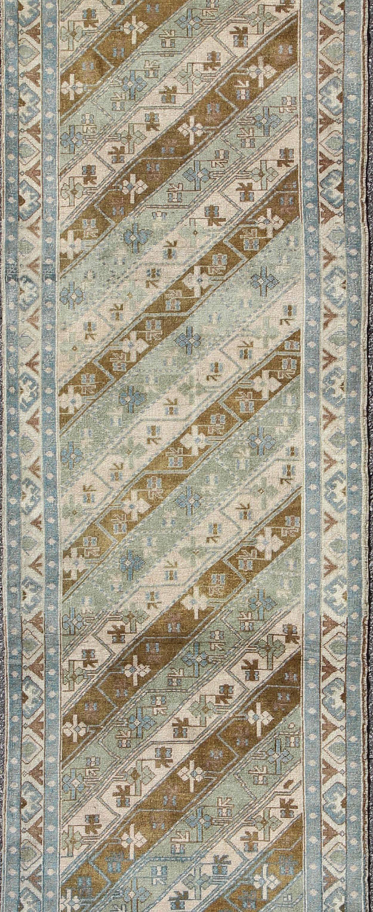 Long Turkish Oushak Runner with Blue and Green In Excellent Condition In Atlanta, GA