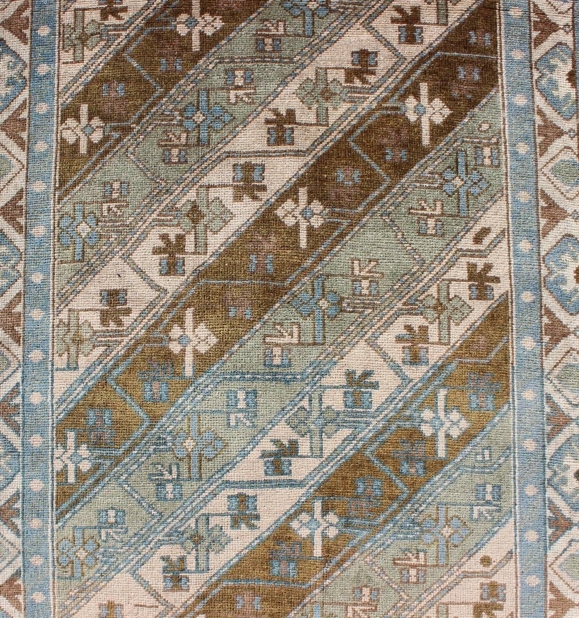 Wool Long Turkish Oushak Runner with Blue and Green