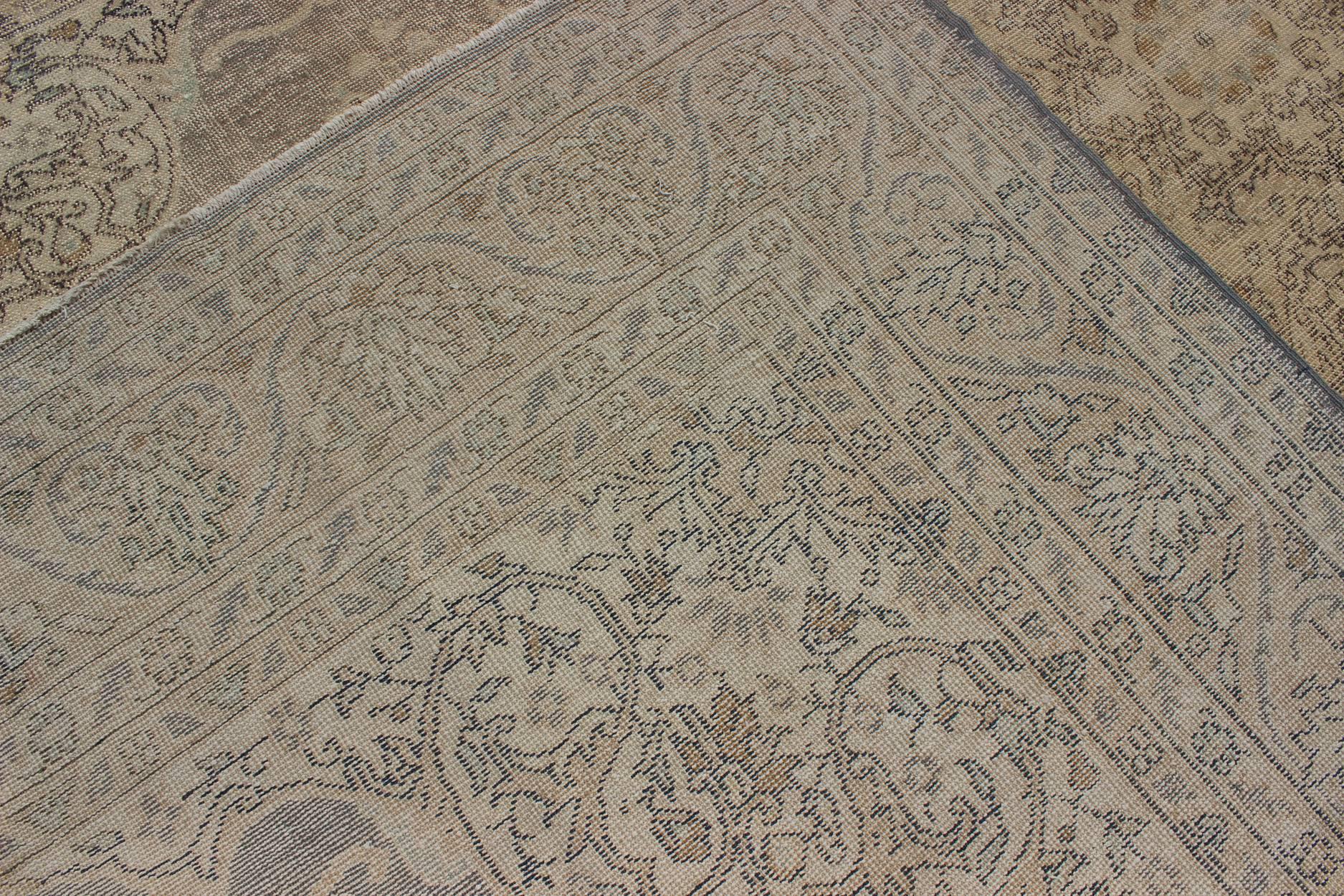 Wool Distressed Turkish Carpet with Floral Design in Taupe, Gray, Brown and Ivory For Sale