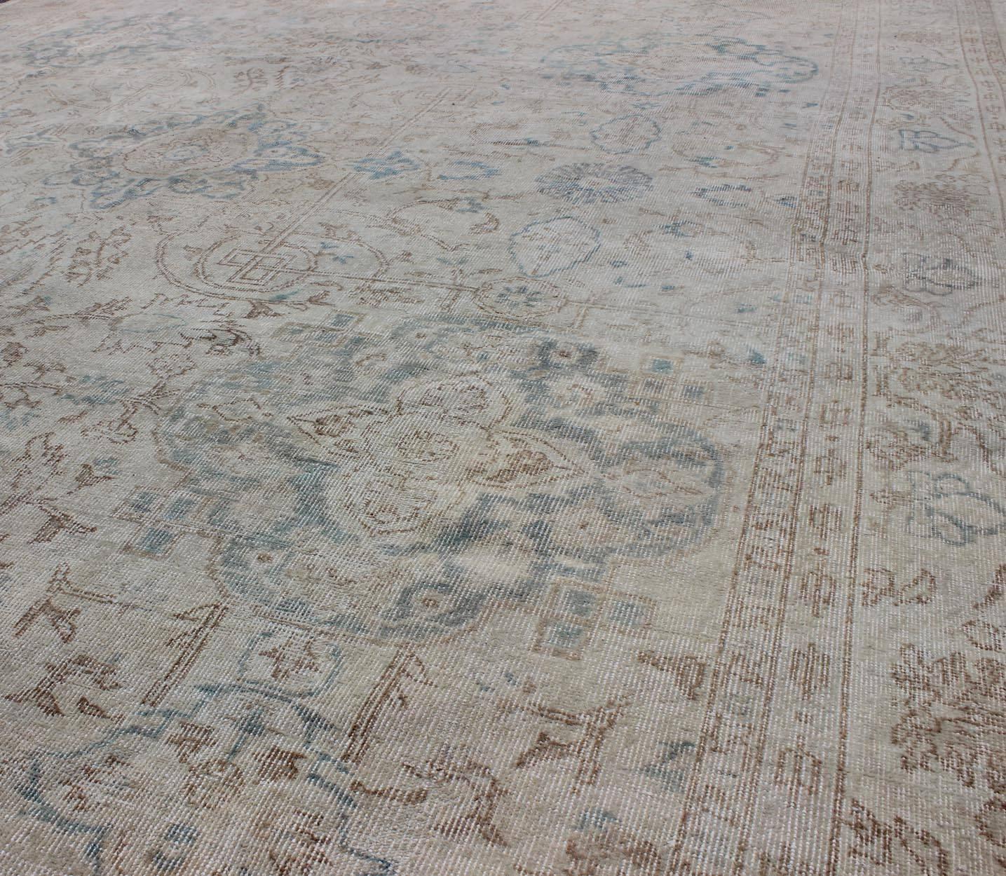 Hand-Knotted Antique Large Turkish Oushak Rug in Light Blue, Wheat, Camel and Gray
