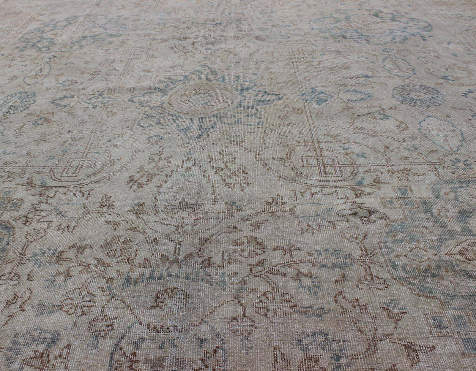 Antique Large Turkish Oushak Rug in Light Blue, Wheat, Camel and Gray In Good Condition In Atlanta, GA