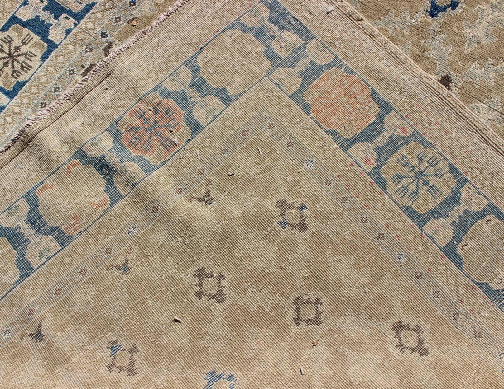 Fine Turkish Sivas Rug in All Over Geometric Design in Tan, Taupe, Blue & Brown For Sale 2