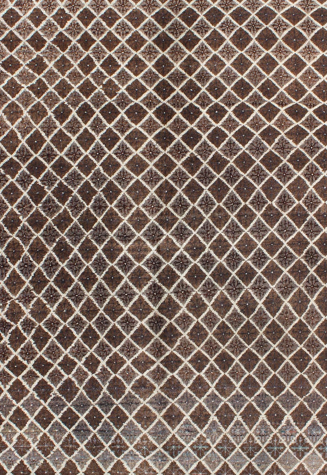 Mid-Century Modern Turkish Rug with Modern Diamond Design in Brown Colors For Sale